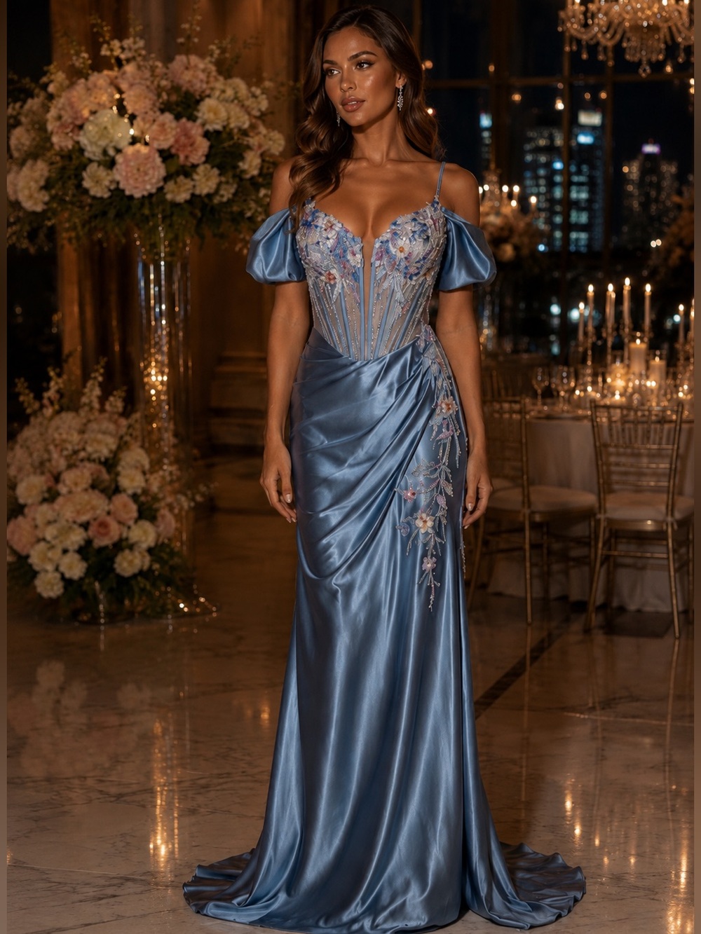 Jovani Blue Satin Embellished Evening Gown with Floral Appliqué, Style #: 49719A